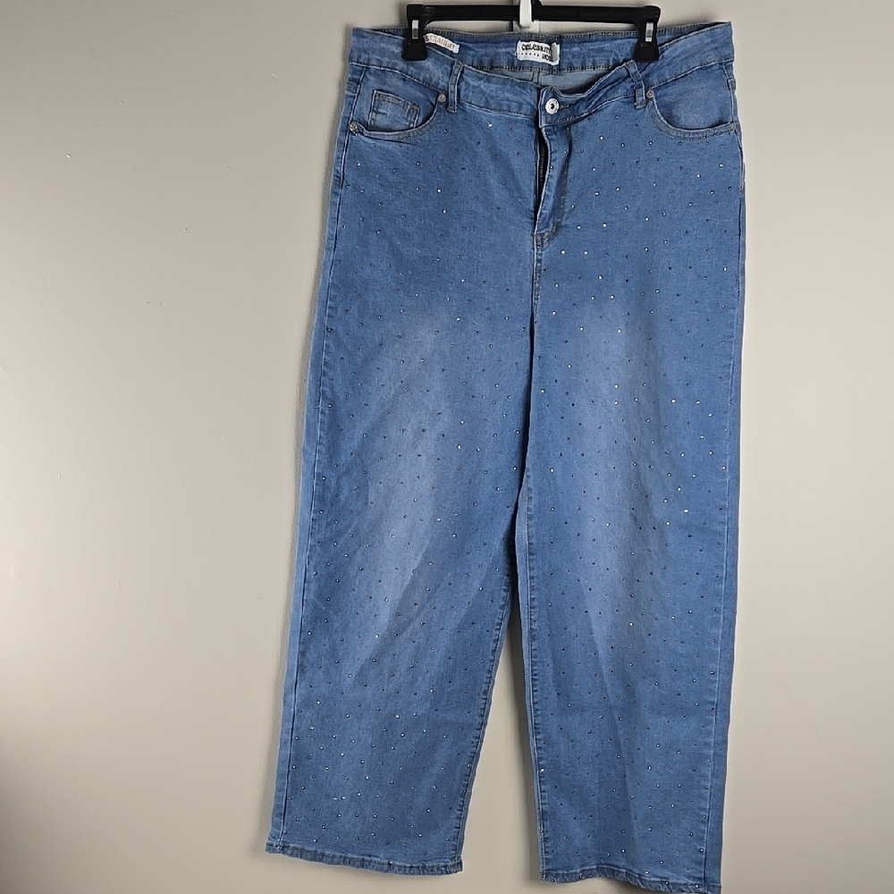 Celebrity Ace Women 18 Blue Rhinestone 90s Straight Leg Jeans High Rise Stretch